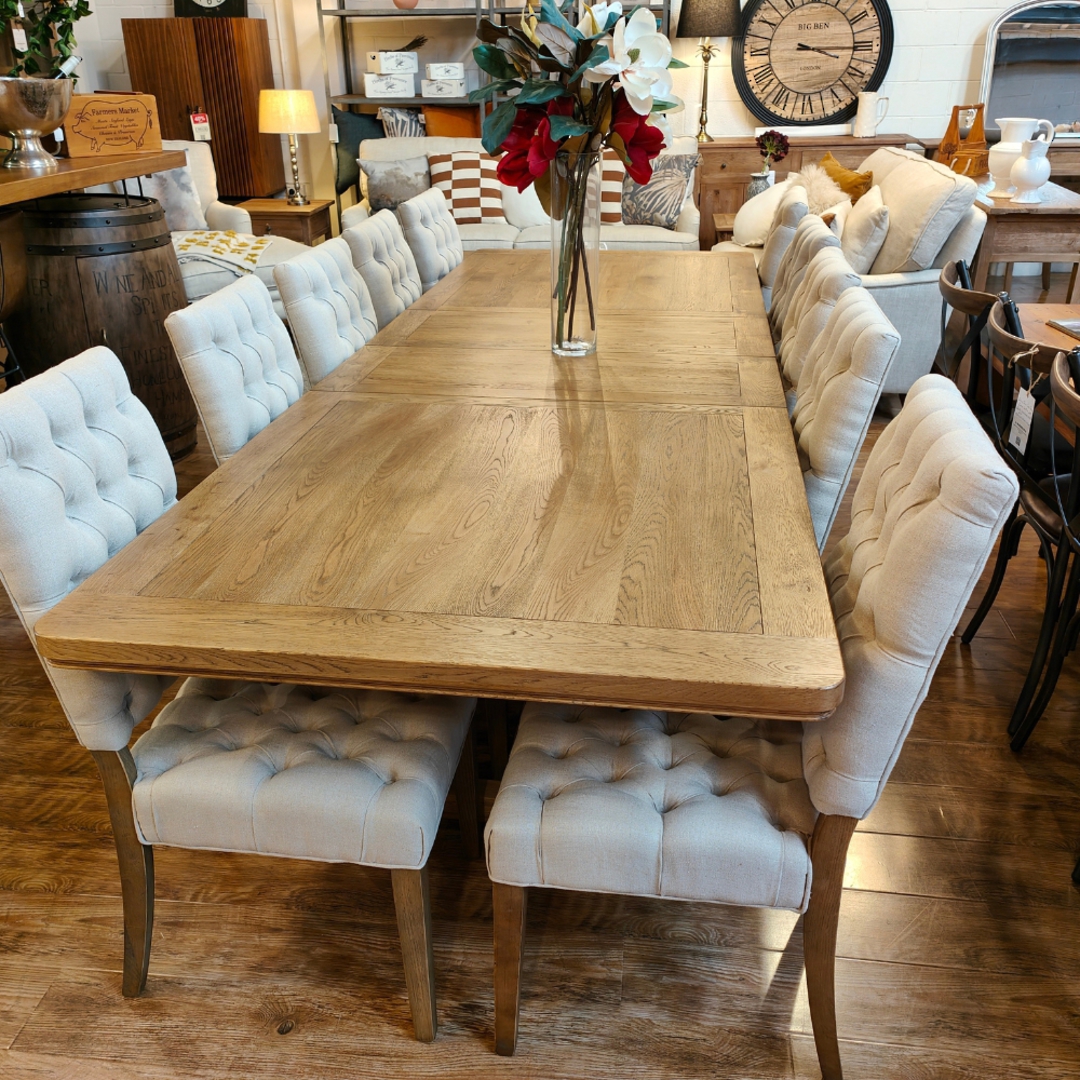 The Castle Light Oak Extension Dining Table 2.1m - 2.9m + 10 Casa Dining Chair Linen Cream Set image 6